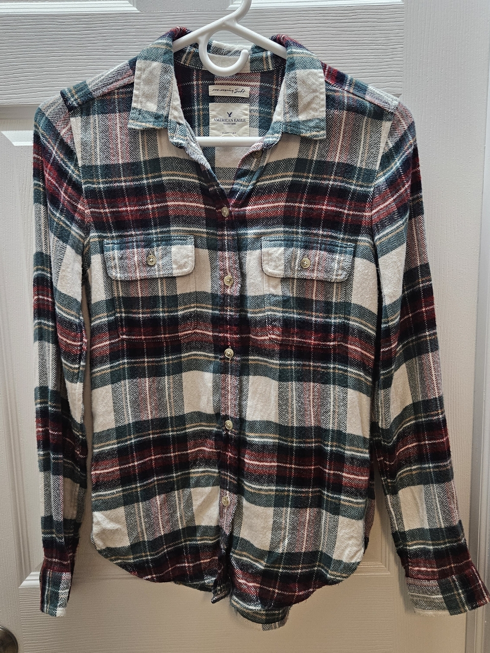American Eagle Outfitters Cream, Green & Burgundy Plaid Button-Down
